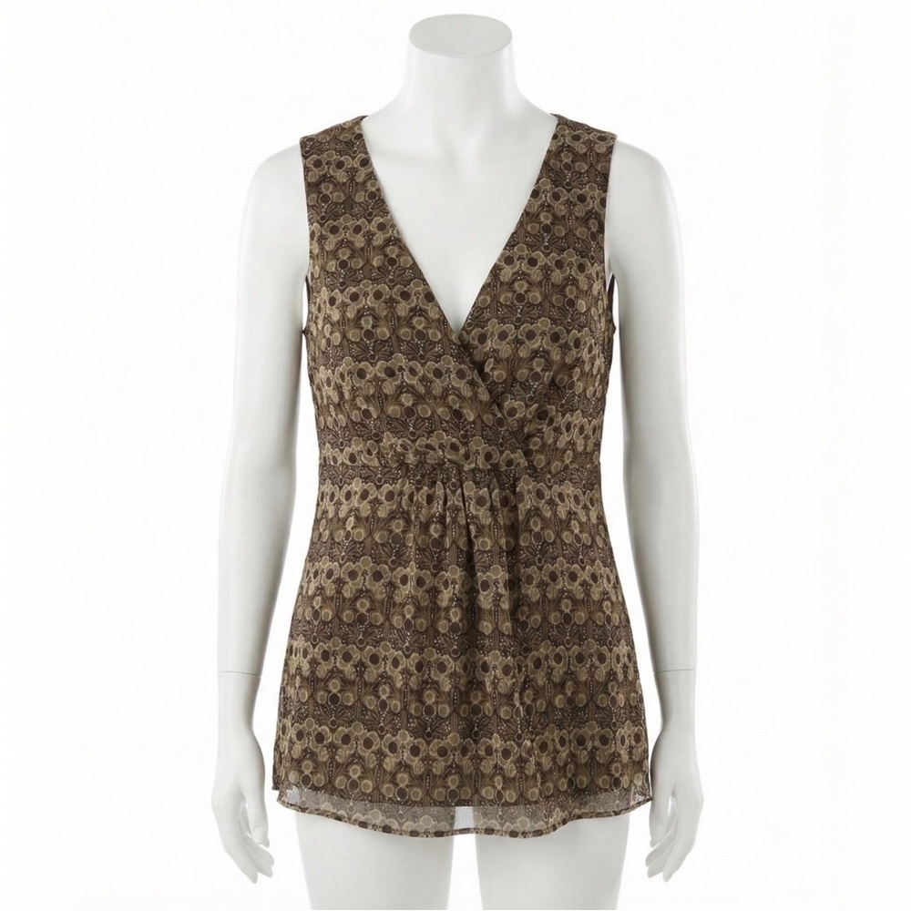 Michael Kors Brown Geometric Medallion Print Sleeveless Surplice Blouse Top